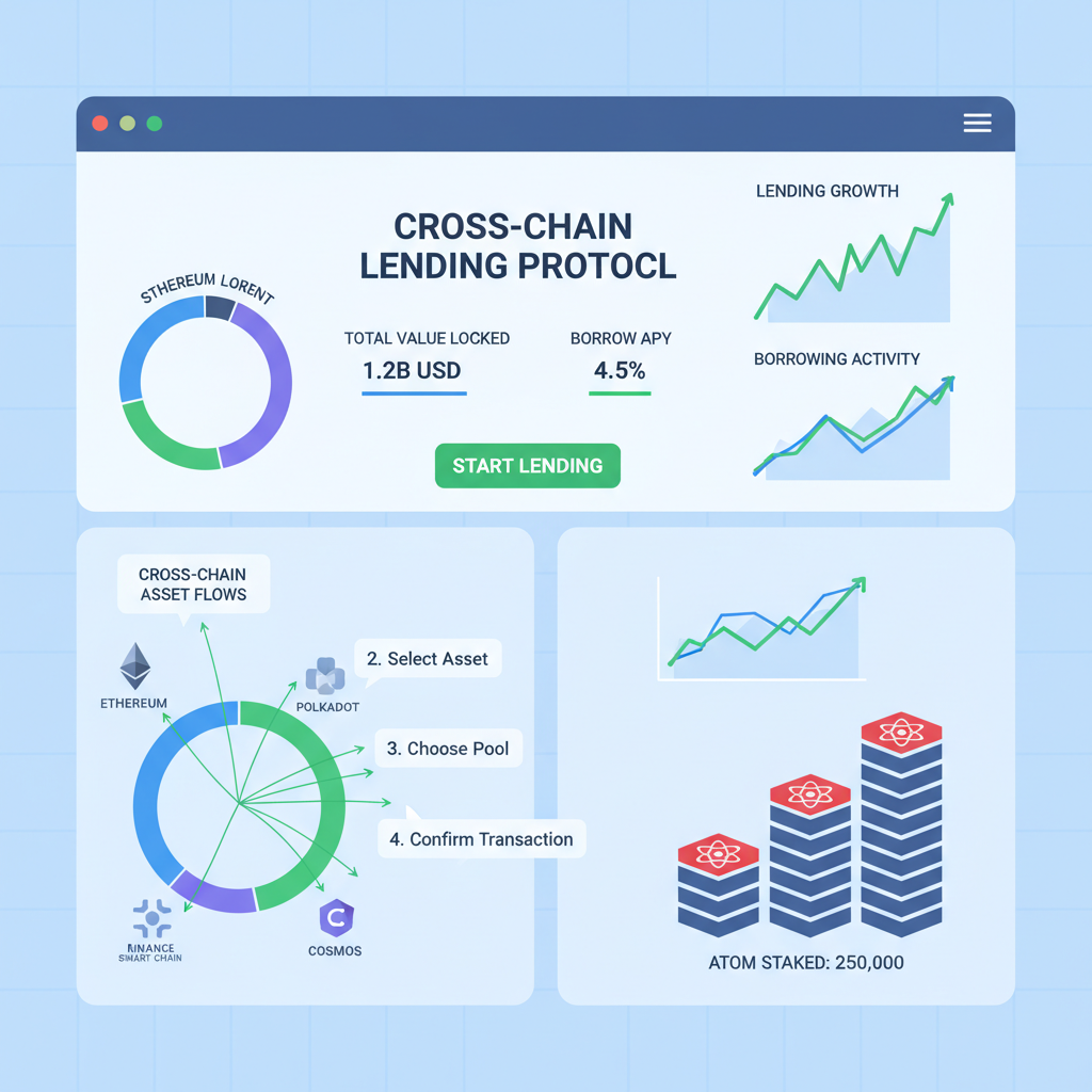 DeFi lending dashboard with cross-chain flows, graphs rising, ATOM tokens stacking