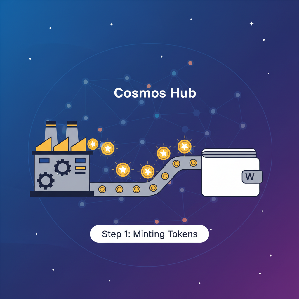 illustration of minting tokens from factory, golden coins flowing into wallet, cosmos hub background