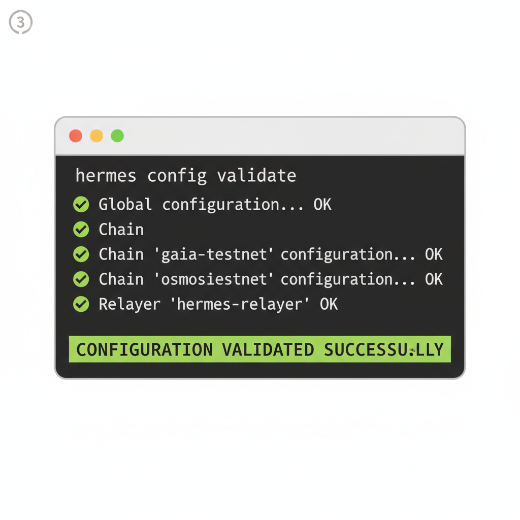 terminal showing hermes config validate output with green checkmarks, config validation success message