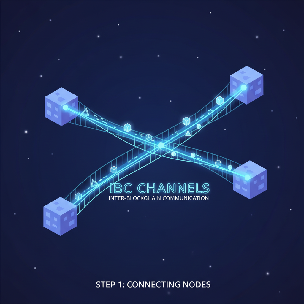 IBC channels linking blockchain nodes like cosmic bridges, data packets flowing, neon lights