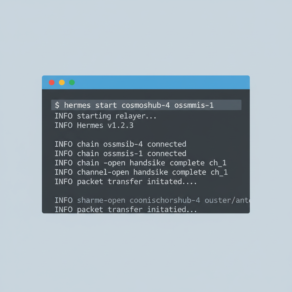 terminal with hermes start cosmoshub-4 osmosis-1 command running, relayer startup logs scrolling