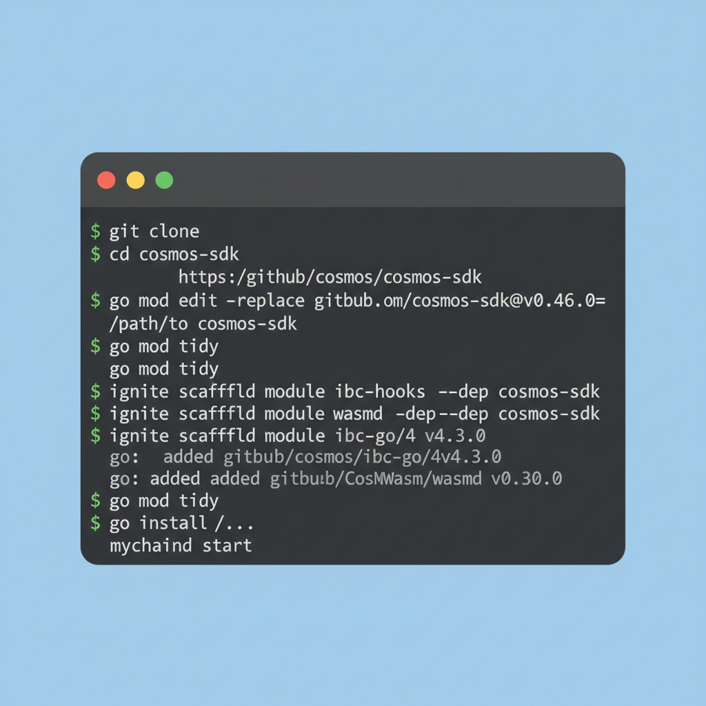 CLI terminal adding ibc-hooks and wasmd modules to Cosmos SDK chain