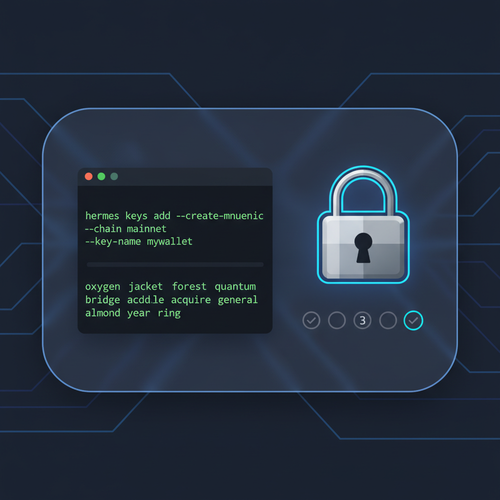 secure wallet mnemonic generation interface with hermes keys add command in terminal, padlock icon, professional dark UI