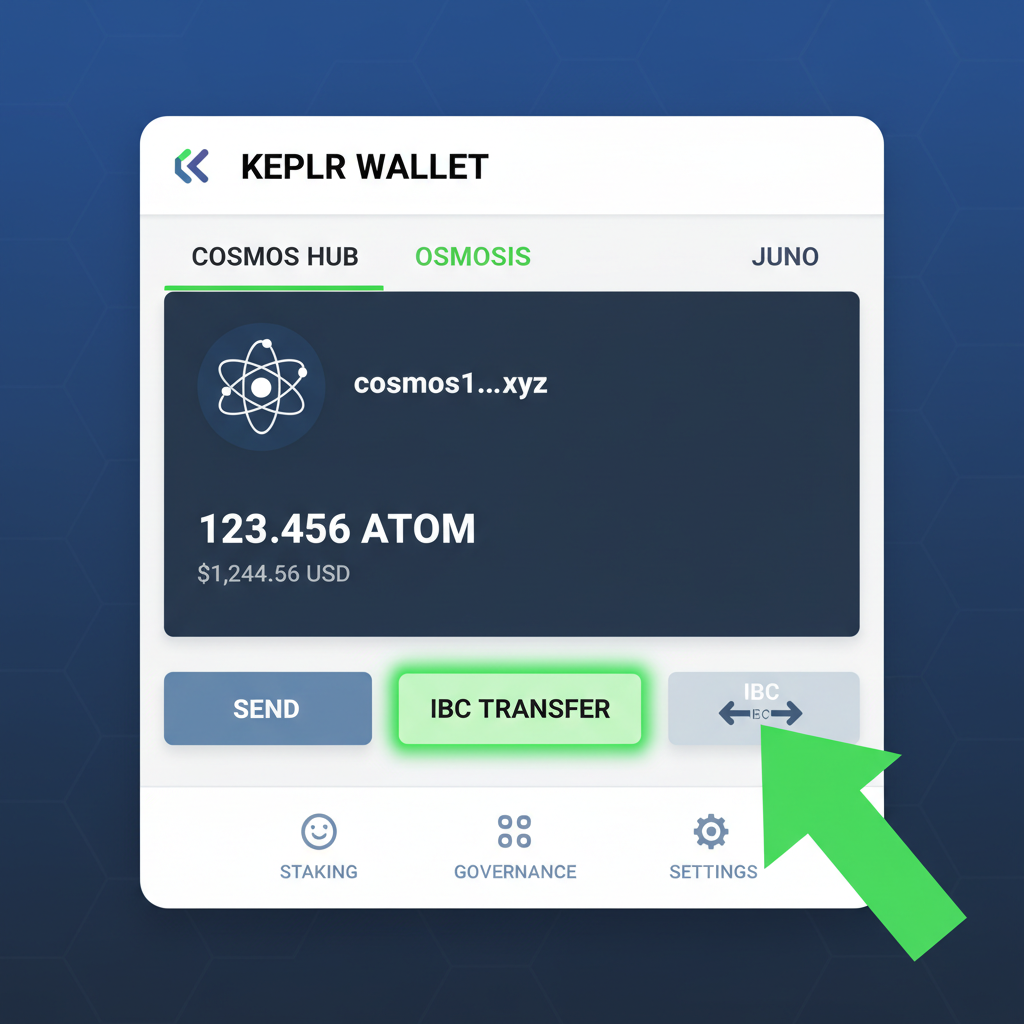 Keplr wallet interface on Cosmos Hub with prominent IBC Transfer button highlighted