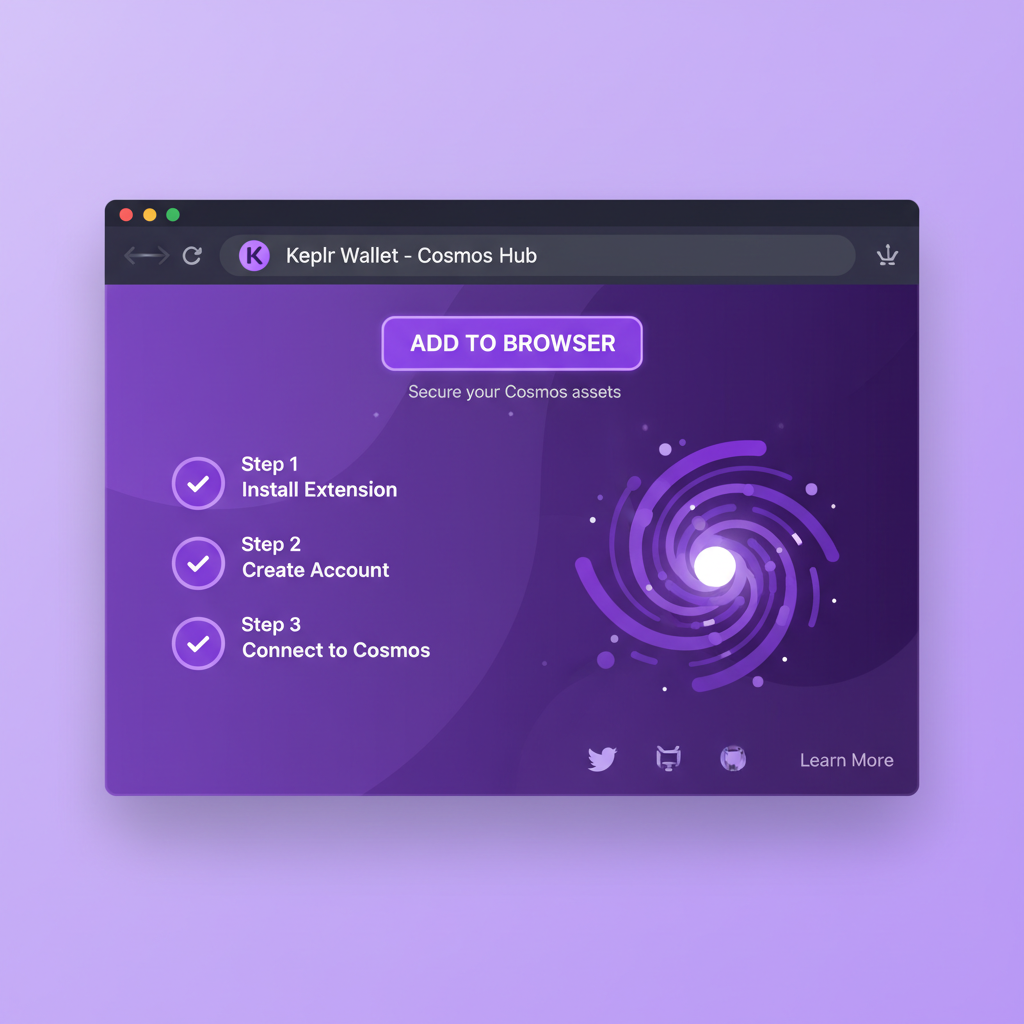 /keplr wallet creation screen, browser extension install, cosmos hub, vibrant purple tones, clean UI screenshot style