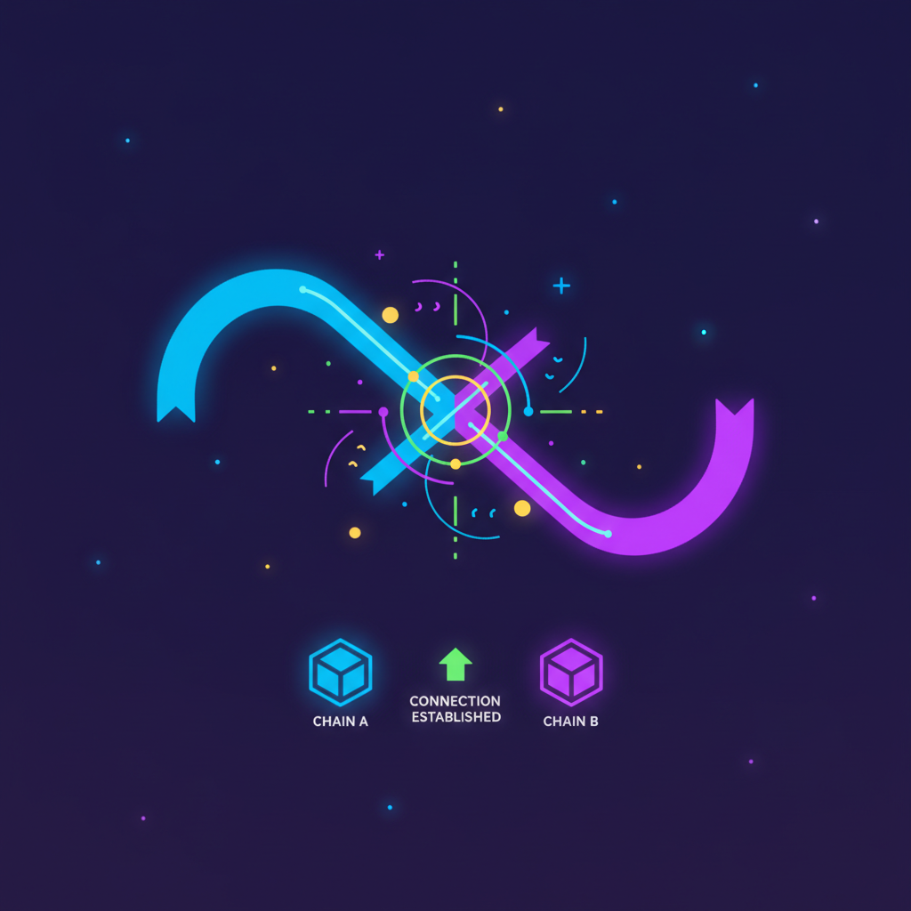 inter-blockchain connection handshake, two cosmic chains linking with energy beams, neon glow