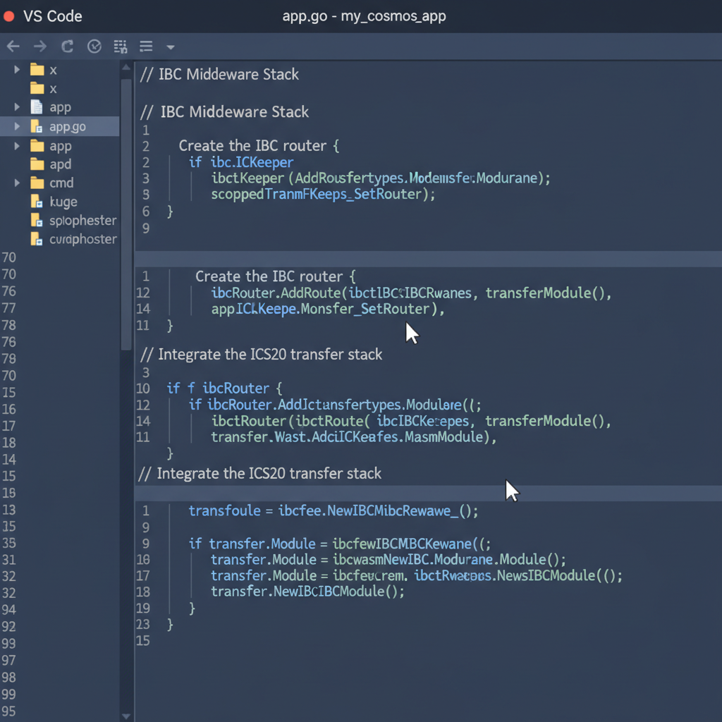 code editor displaying Cosmos SDK app.go with IBC middleware stack wiring