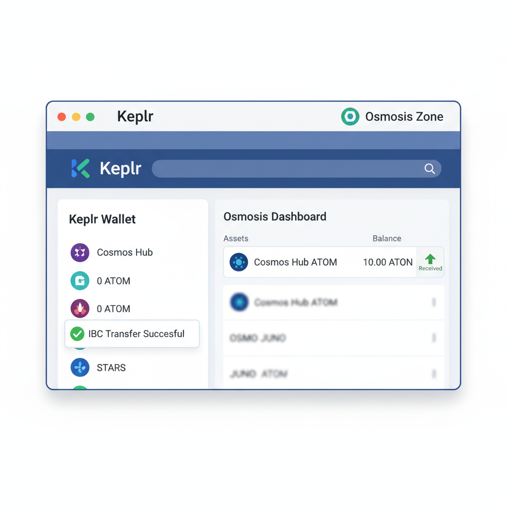 Keplr Osmosis dashboard showing received ATOM after IBC transfer